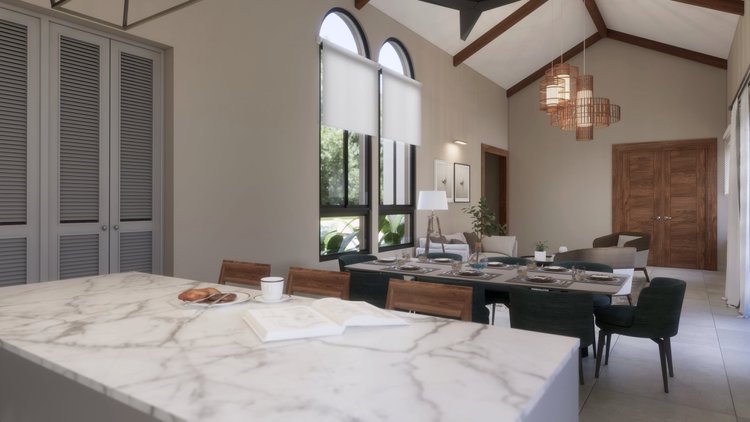 Open-concept dining and living area with high vaulted ceiling, large arched windows, and modern interior decor.