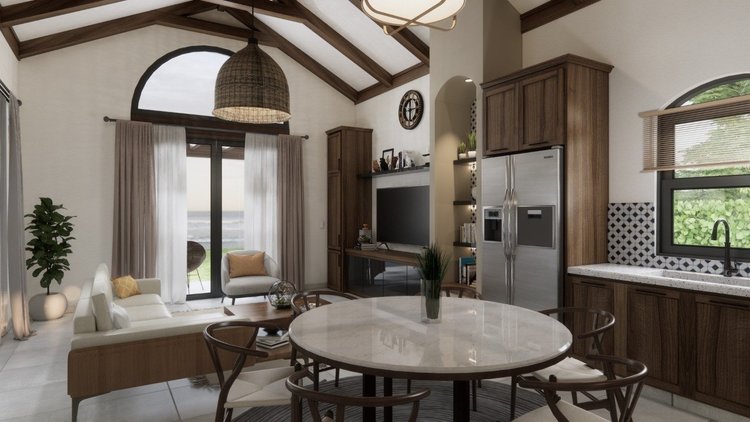 Open-concept living room and kitchen with high vaulted ceiling, large window, sliding glass door with ocean view, and minimalist furniture.