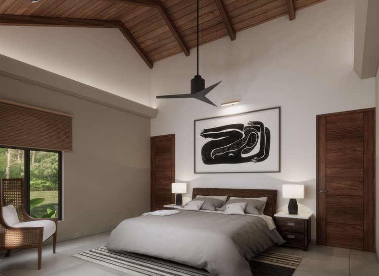 Modern bedroom with wooden ceiling, large window, bed with gray bedding, two nightstands with lamps, abstract black and white wall art, ceiling fan, and wooden doors.