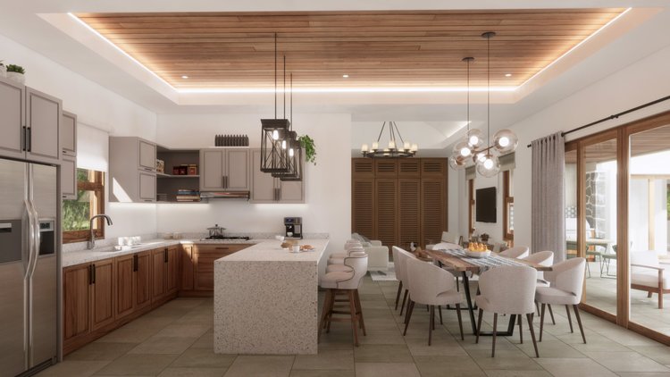 Open-concept kitchen and dining area with wooden accents, light-colored cabinetry, a large kitchen island, and a dining table with chairs, opening to an outdoor patio.