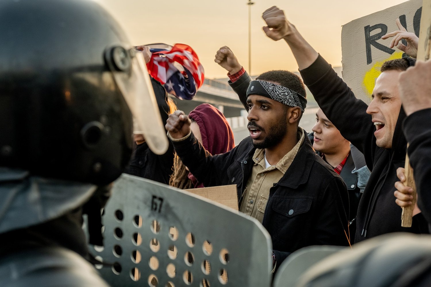 Protesters holding a banner