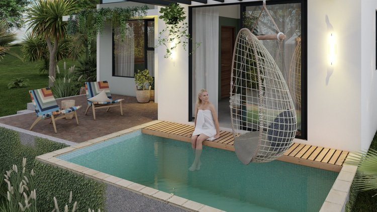 Modern house with large windows and patio area featuring two striped lounge chairs, potted plants, and greenery. A woman in a white towel sits on the poolside, and there is a hanging egg chair next to the pool.