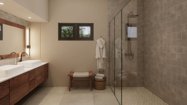 Modern bathroom with a double vanity sink, large mirror, small window, towel hook with a bathrobe, small bench, and a walk-in shower with glass doors and taupe tiles.